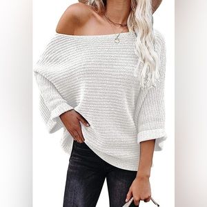 Fall Winter Women's Off Shoulder Sweaters Batwing 3/4 Sleeve Casual Loose Fit